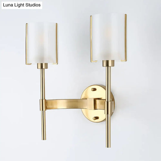 Modern Gold Wall Sconce With White Glass Shade - 2 Bulb Metal Light Fixture