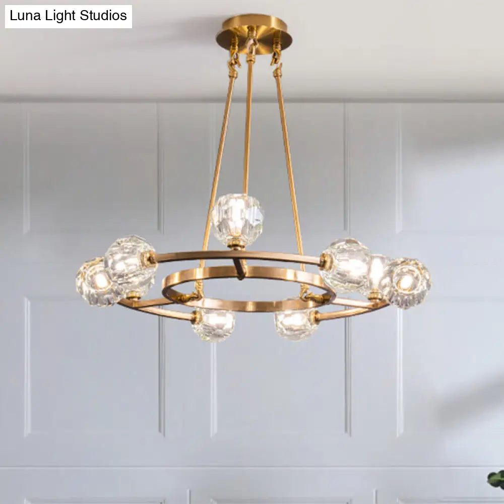 9-Head Modern Gold Chandelier With Crystal Balls - Elegant Hanging Light For Great Room