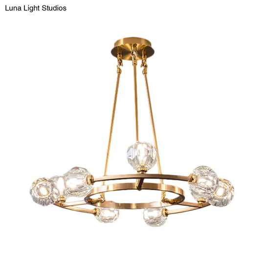 9-Head Modern Gold Chandelier With Crystal Balls - Elegant Hanging Light For Great Room