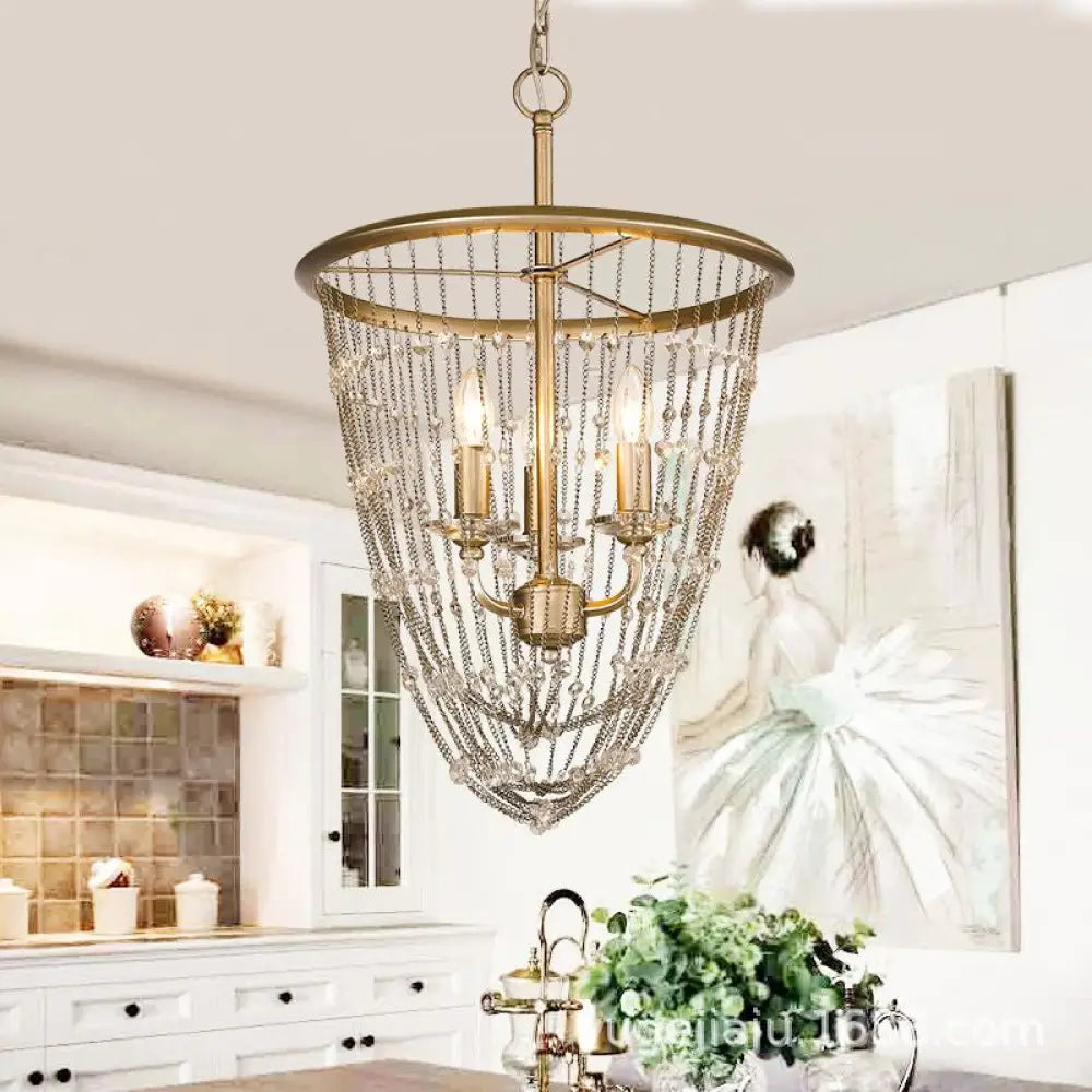 Modern Gold Wire Mesh Chandelier With Crystal Accent - 3 Lights Pendant