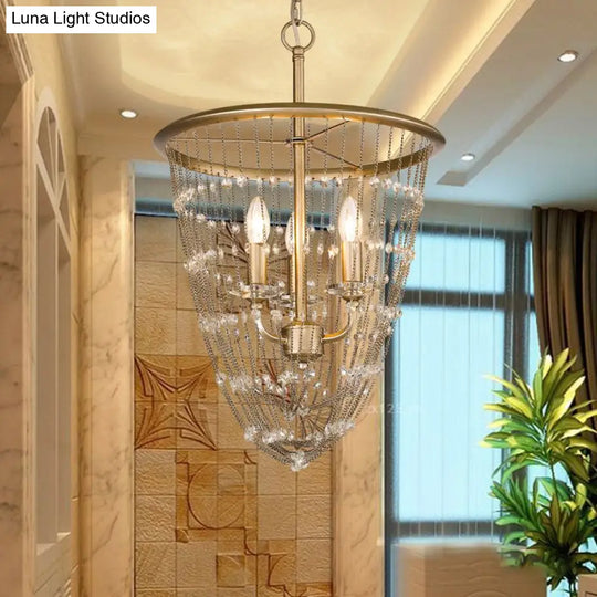 Modern Gold Wire Mesh Chandelier With Crystal Accent - 3 Lights Pendant