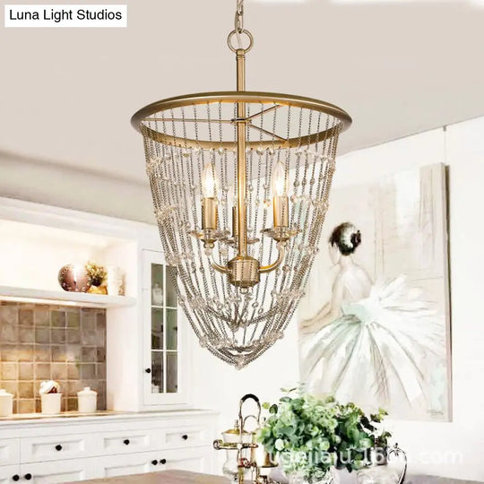 Modern Gold Wire Mesh Chandelier With Crystal Accent - 3-Light Pendant