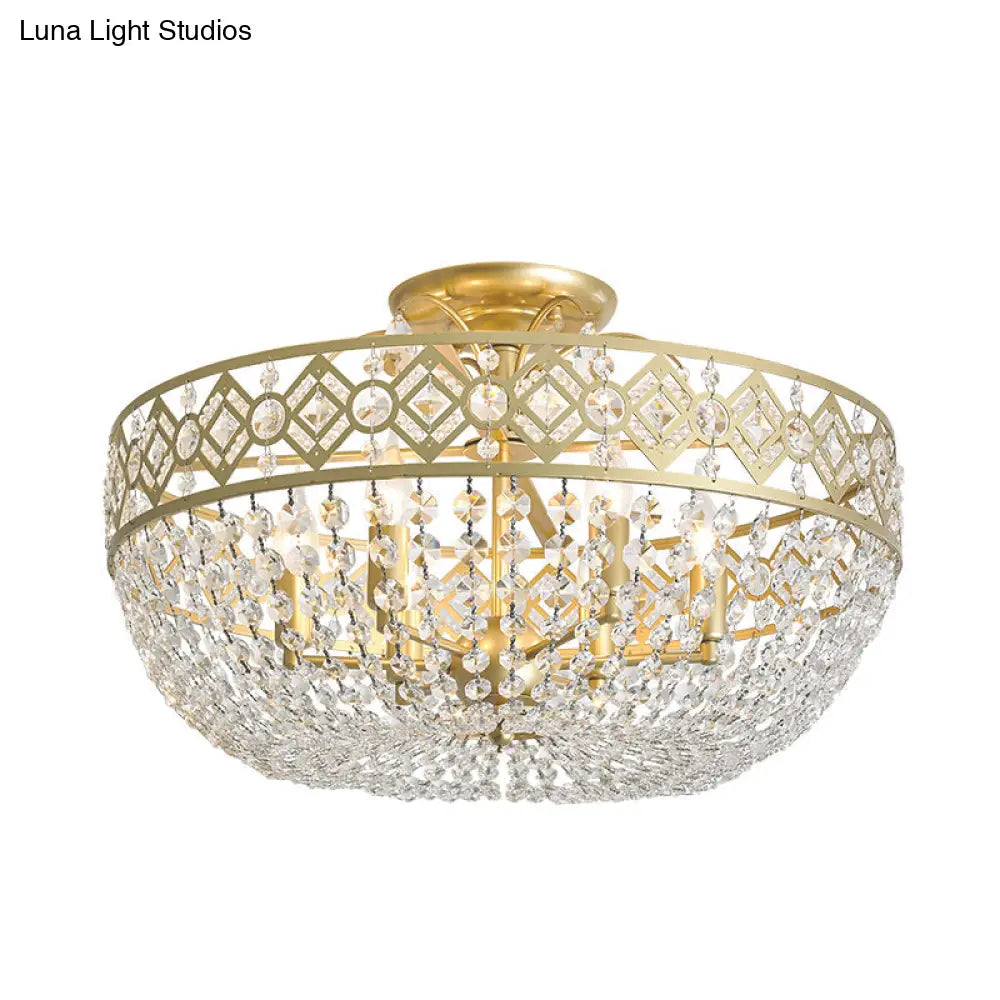 Modern Golden Crystal Chain Semi Flush Mount Ceiling Lamp For Guest Room - 4-Head Bowl Design