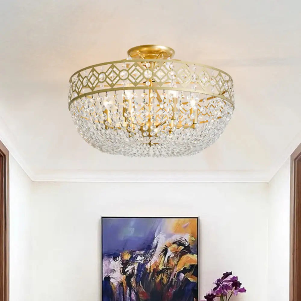 Modern Golden Crystal Chain Semi Flush Mount Ceiling Lamp For Guest Room - 4-Head Bowl Design Gold