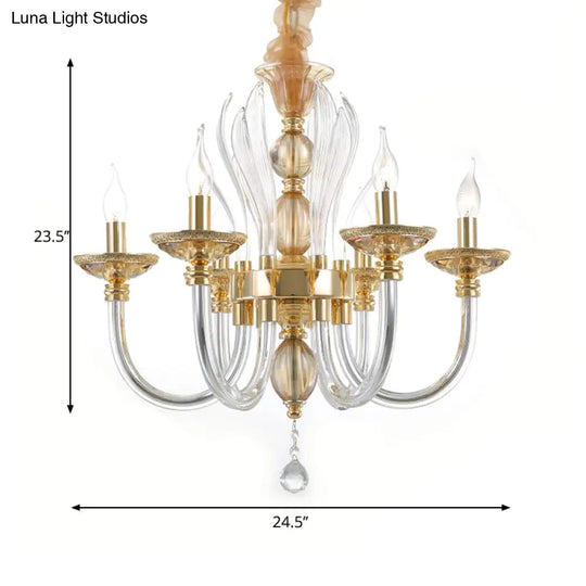 Modern Golden Curved Chandelier - 6 Heads Clear Glass Pendant Light With Crystal Drops