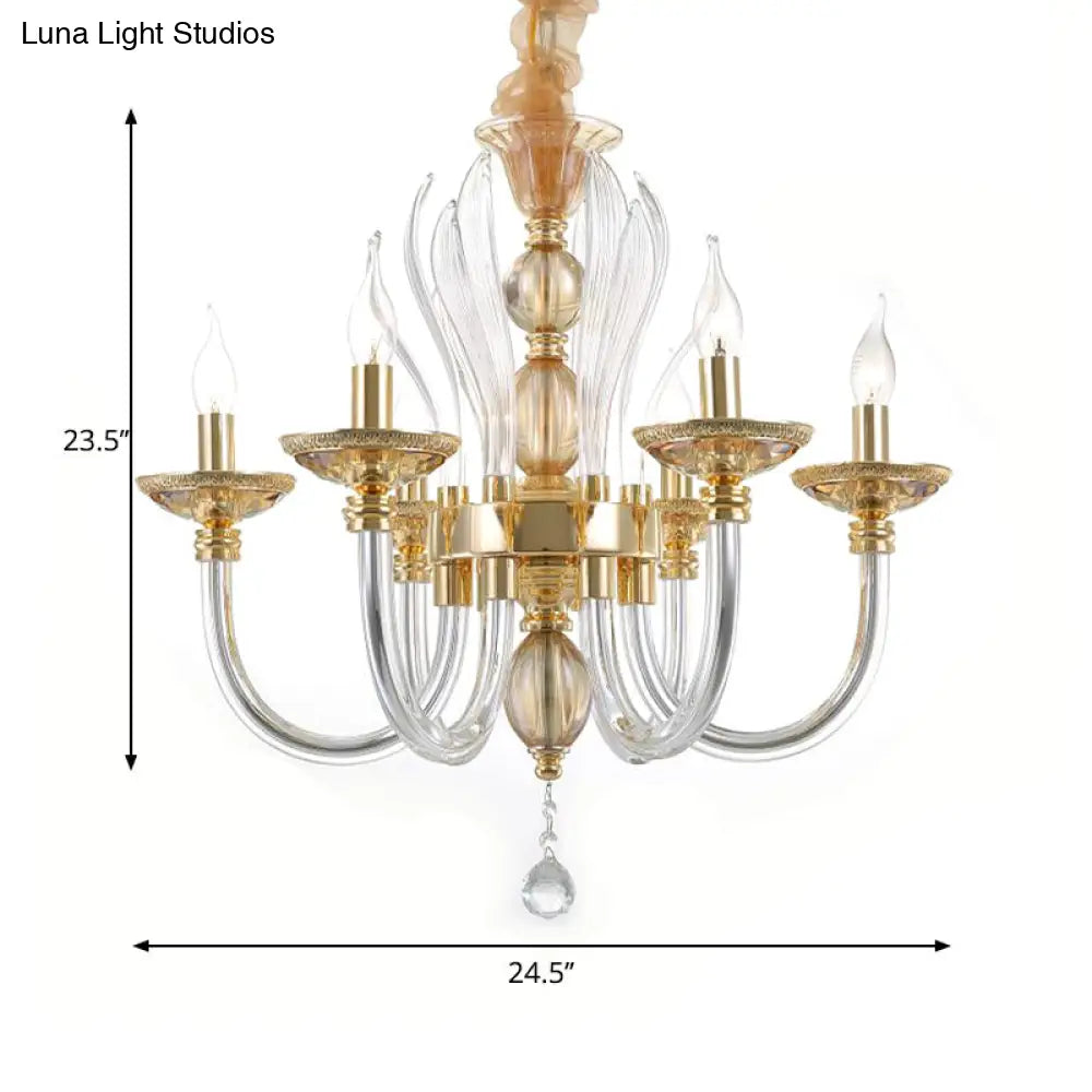 Modern Golden Curved Chandelier With 6 Clear Glass Heads And Crystal Drops