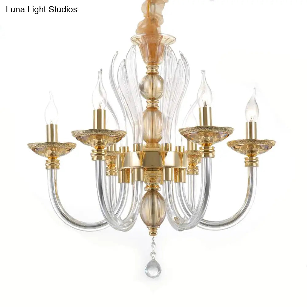 Modern Golden Curved Chandelier With 6 Clear Glass Heads And Crystal Drops