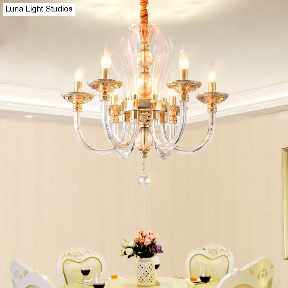 Modern Golden Curved Chandelier With 6 Clear Glass Heads And Crystal Drops