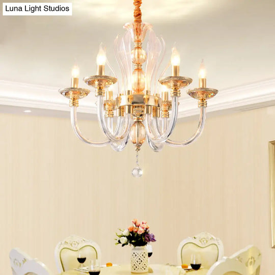 Modern Golden Curved Chandelier With 6 Clear Glass Heads And Crystal Drops