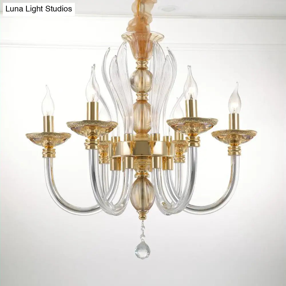 Modern Golden Curved Chandelier - 6 Heads Clear Glass Pendant Light With Crystal Drops