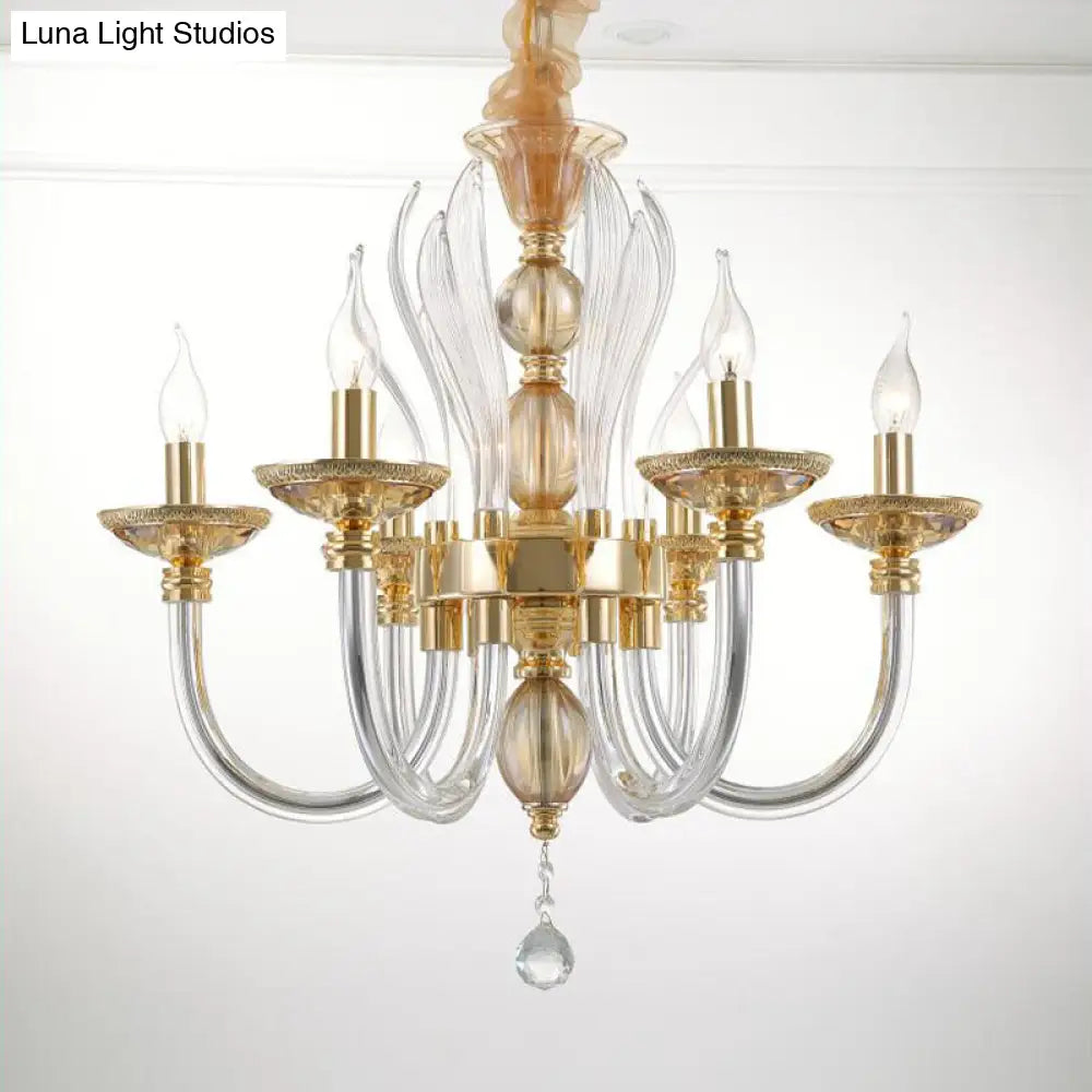 Modern Golden Curved Chandelier With 6 Clear Glass Heads And Crystal Drops