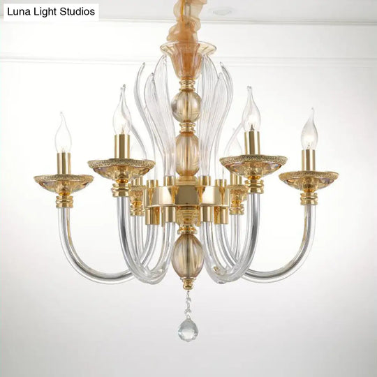 Modern Golden Curved Chandelier With 6 Clear Glass Heads And Crystal Drops