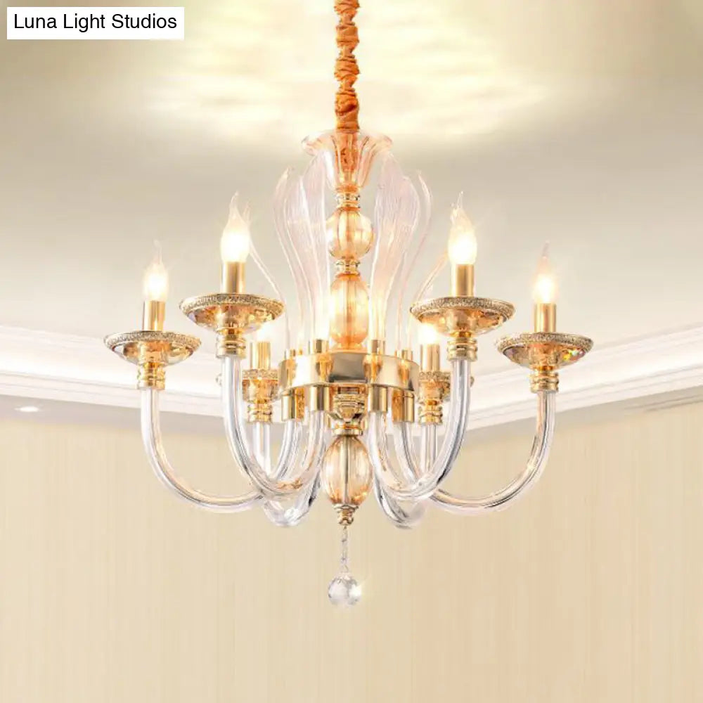 Modern Golden Curved Chandelier With 6 Clear Glass Heads And Crystal Drops Gold