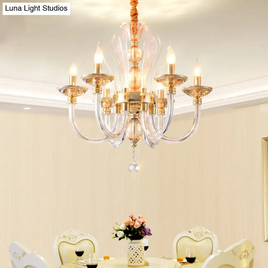 Modern Golden Curved Chandelier - 6 Heads Clear Glass Pendant Light With Crystal Drops