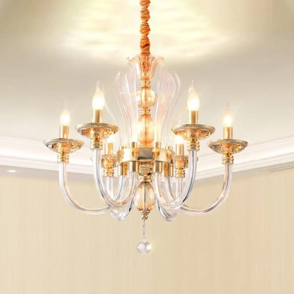 Modern Golden Curved Chandelier - 6 Heads Clear Glass Pendant Light With Crystal Drops Gold