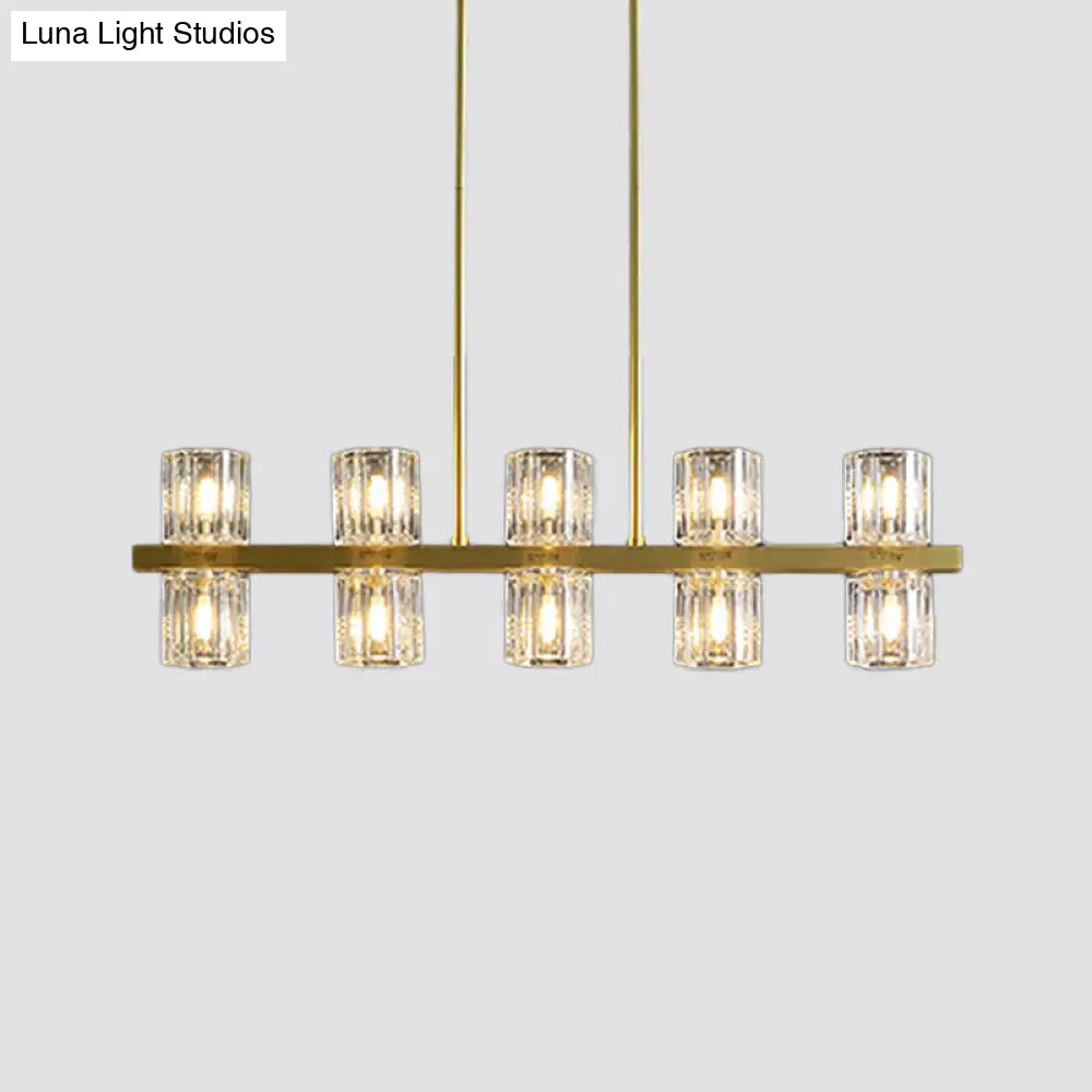 Modern Golden Cylindrical Crystal Pendant Light With 10/20 Island Lights For Dining Tables