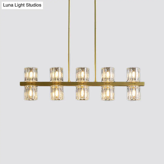 Modern Golden Cylindrical Crystal Pendant Light With 10/20 Island Lights For Dining Tables