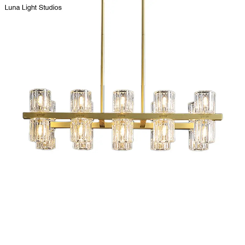 Modern Golden Cylindrical Crystal Pendant Light With 10/20 Island Lights For Dining Tables