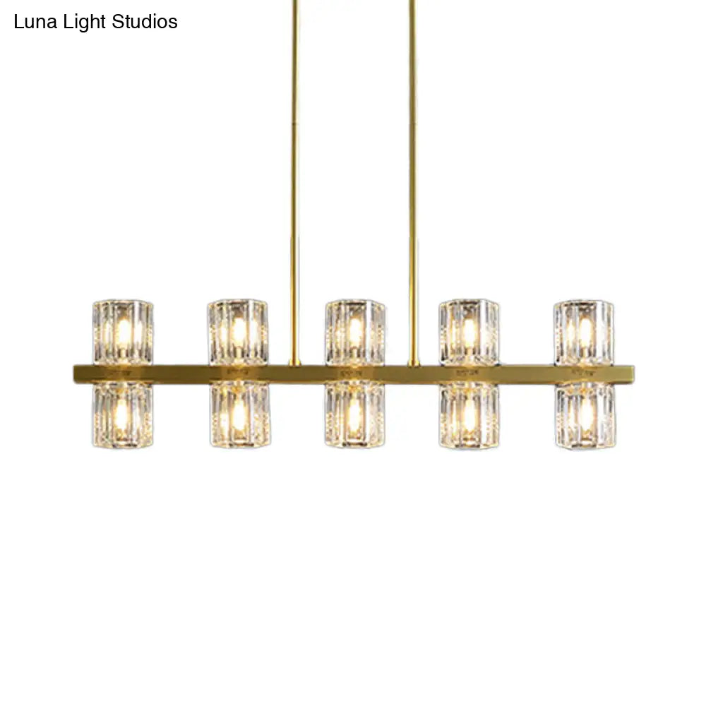 Modern Golden Cylindrical Crystal Pendant Light With 10/20 Island Lights For Dining Tables