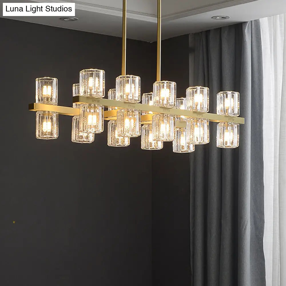 Modern Golden Cylindrical Crystal Pendant Light With 10/20 Island Lights For Dining Tables