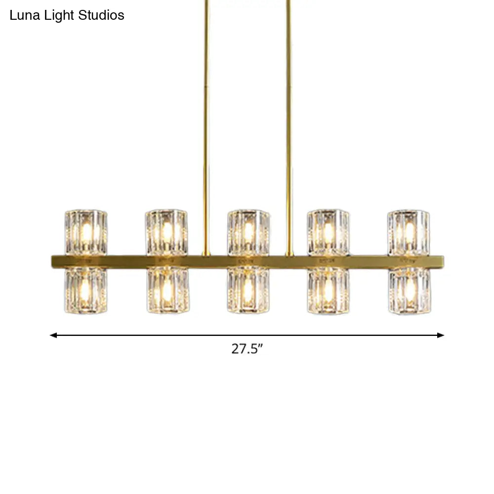 Modern Golden Cylindrical Crystal Pendant Light With 10/20 Island Lights For Dining Tables