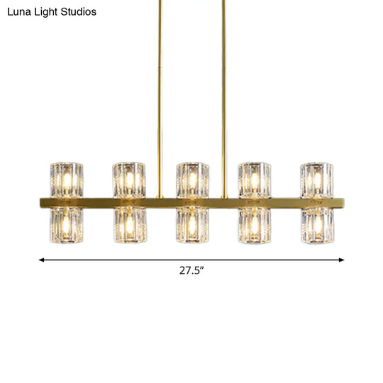 Modern Golden Cylindrical Crystal Pendant Light With 10/20 Island Lights For Dining Tables