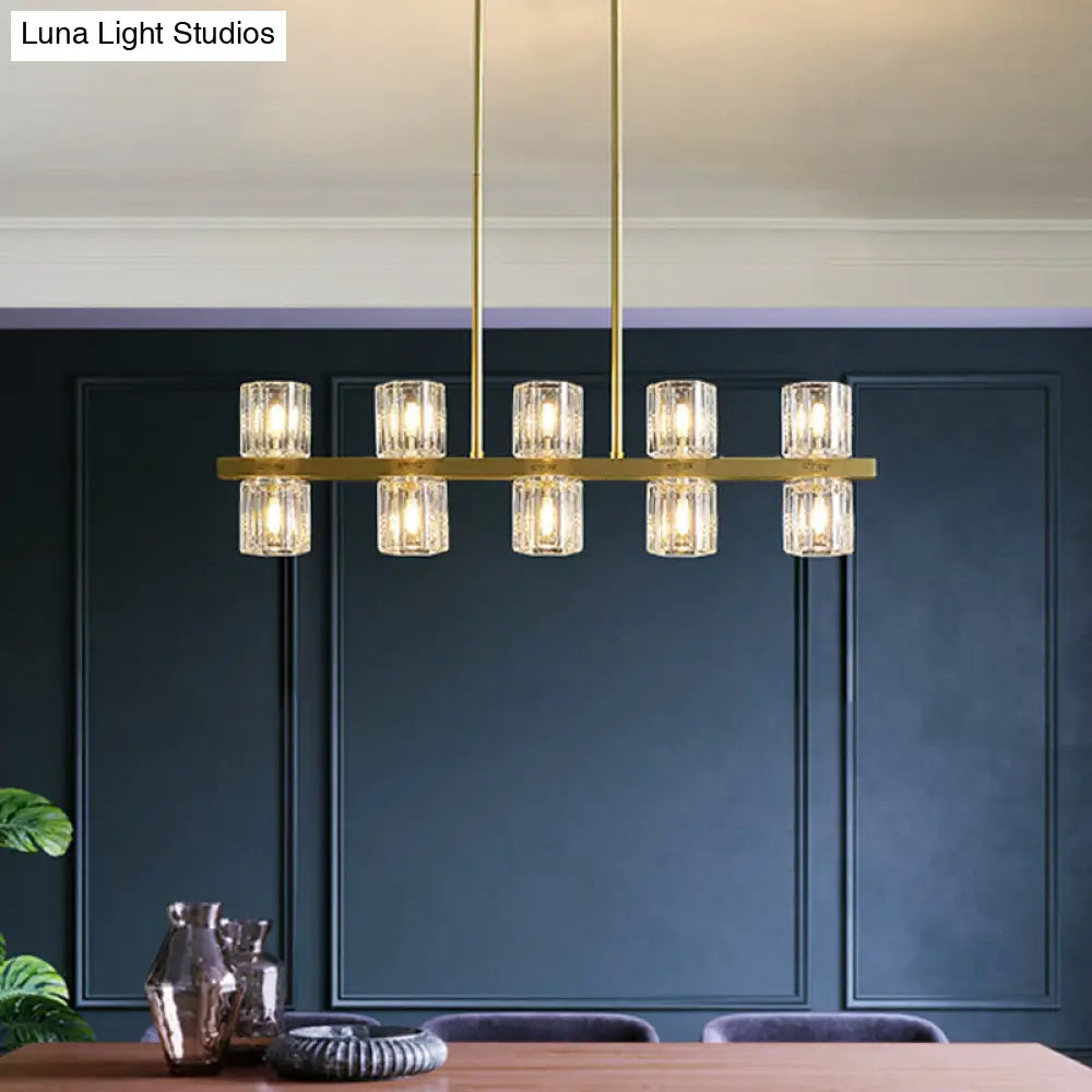 Modern Golden Cylindrical Crystal Pendant Light With 10/20 Island Lights For Dining Tables