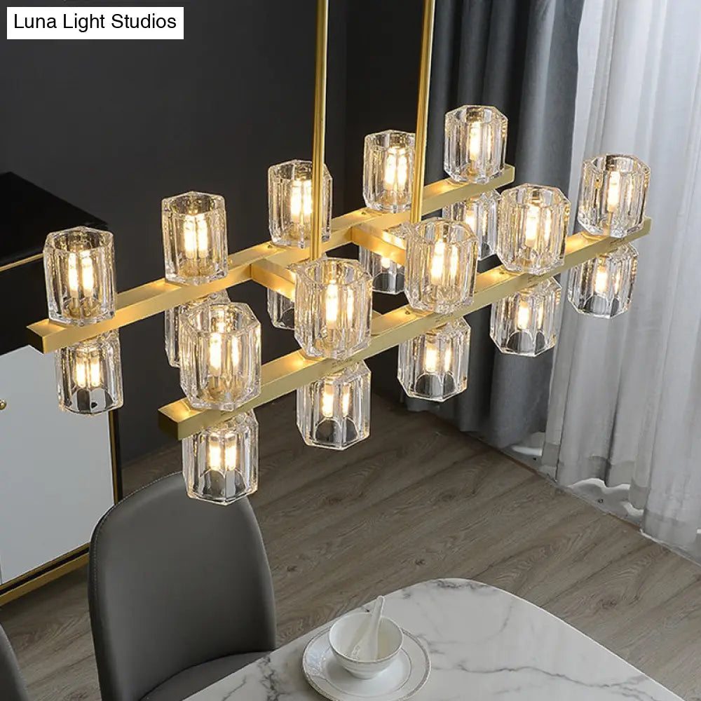 Modern Golden Cylindrical Crystal Pendant Light With 10/20 Island Lights For Dining Tables