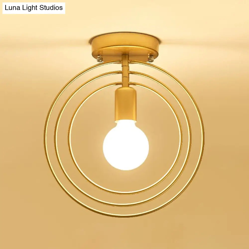 Modern Golden Flush Mount Ceiling Light With Triple Metal Ring - Ideal For Bedroom
