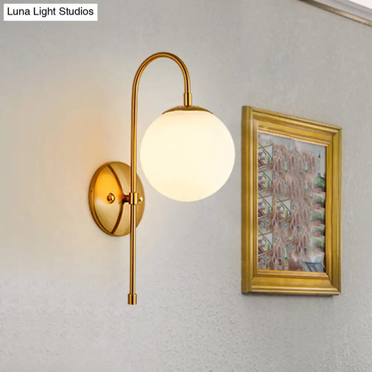 Modern Golden Gooseneck Wall Sconce With Frosted Glass Ball Shade For Bedroom