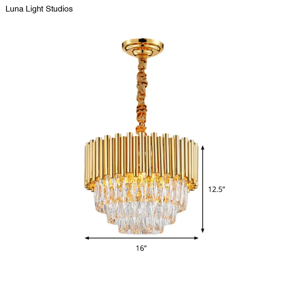 Modern Golden Layered Hanging Chandelier With Crystal Prism - 6/10/12 Bulb Pendant Light Fixture In