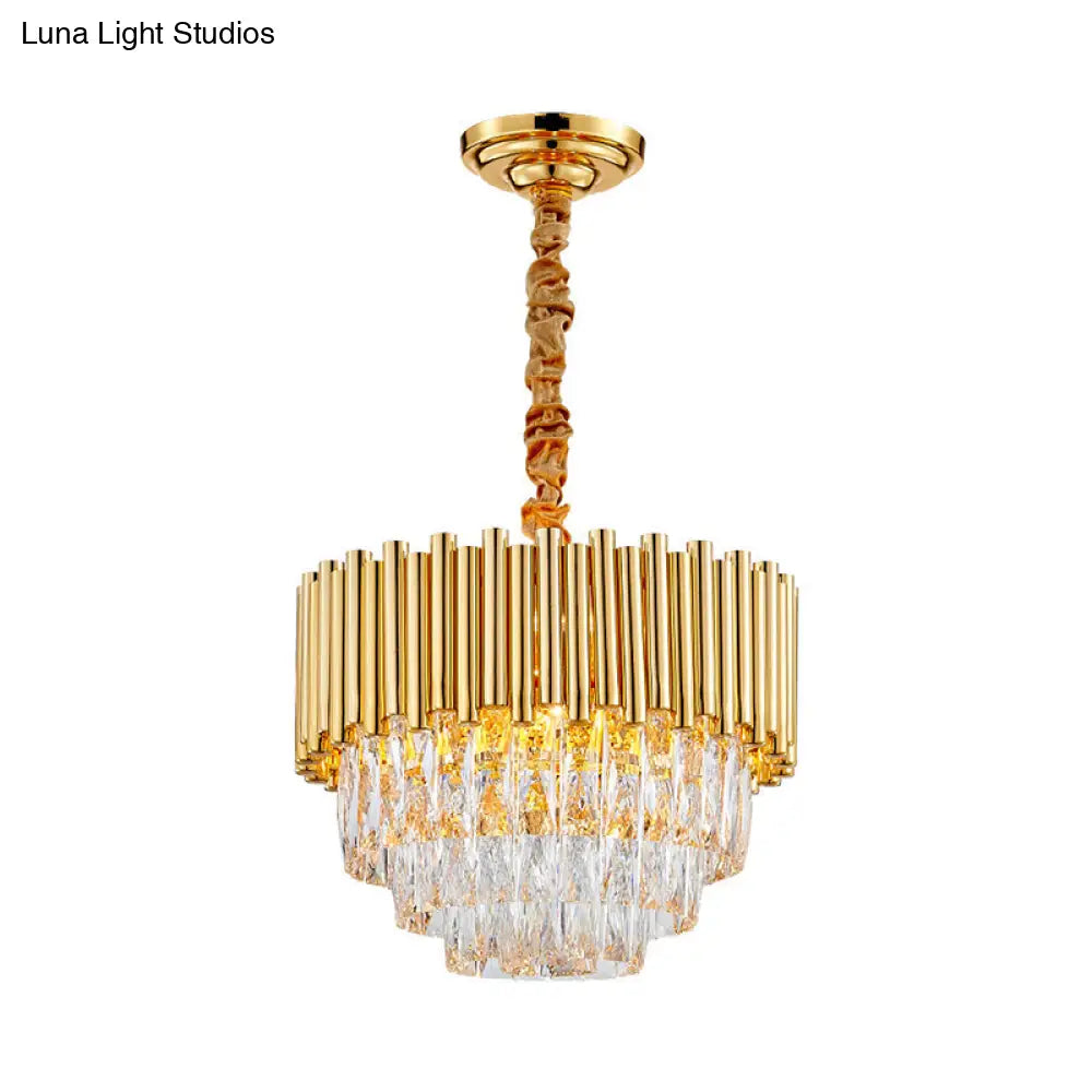 Modern Golden Layered Hanging Chandelier With Crystal Prism - 6/10/12 Bulb Pendant Light Fixture In