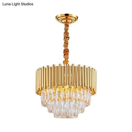 Modern Golden Layered Hanging Chandelier With Crystal Prism - 6/10/12 Bulb Pendant Light Fixture In