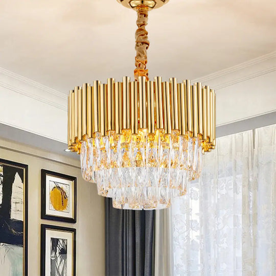 Modern Golden Layered Hanging Chandelier With Crystal Prism - 6/10/12 Bulb Pendant Light Fixture In