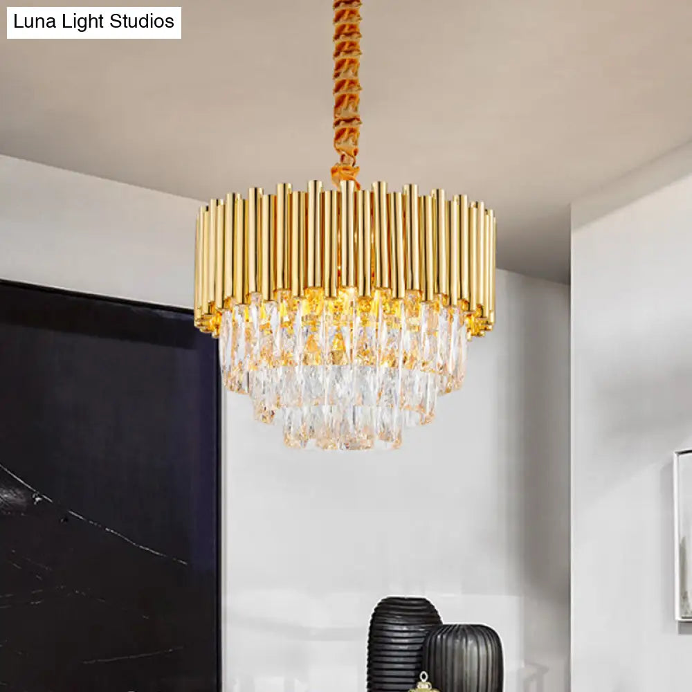 Modern Golden Layered Hanging Chandelier With Crystal Prism - 6/10/12 Bulb Pendant Light Fixture In