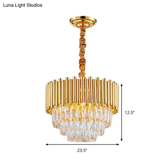 Modern Golden Layered Hanging Chandelier With Crystal Prism - 6/10/12 Bulb Pendant Light Fixture In