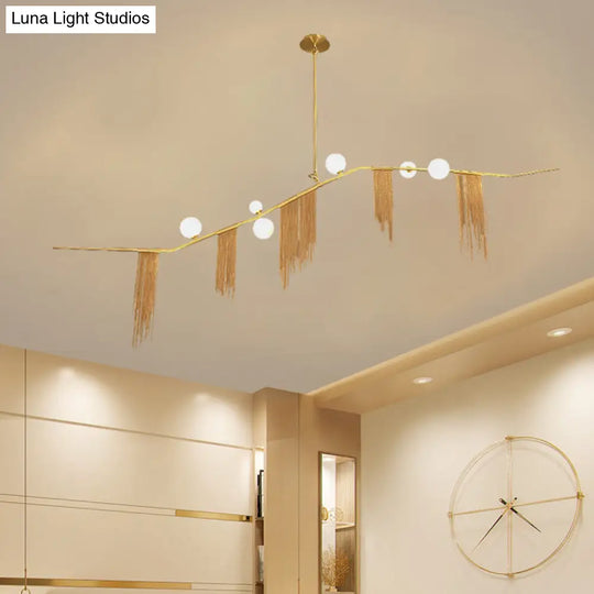 Modern Golden Linear Chandelier Pendant Light With Opal Glass Shades - 6/9 Heads Hanging Fixture For