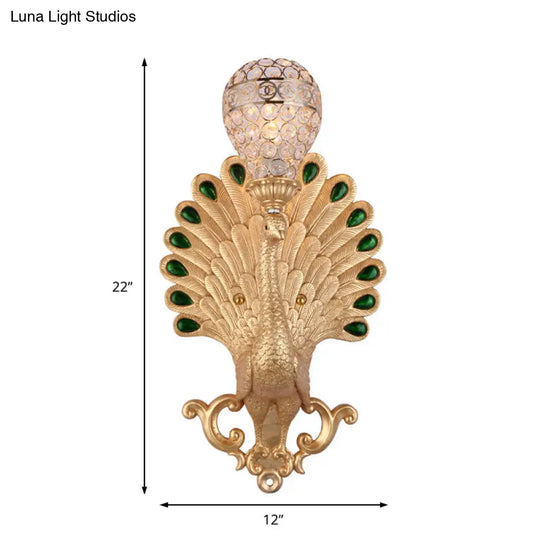 Modern Golden Peacock Wall Sconce With Crystal Bowl Shade Elegant Bedside Lighting