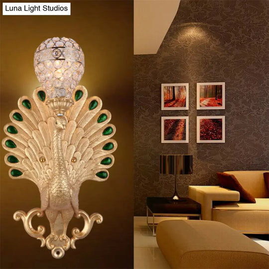 Modern Golden Peacock Wall Sconce With Crystal Bowl Shade Elegant Bedside Lighting