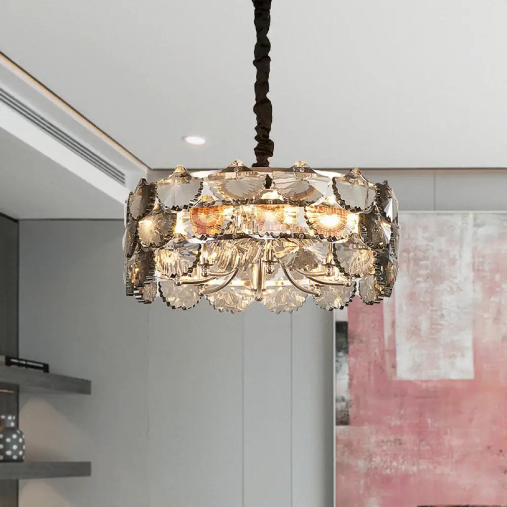 Modern Gray Crystal Block Drum Ceiling Chandelier - 6 Bulb Gold Pendant Lamp