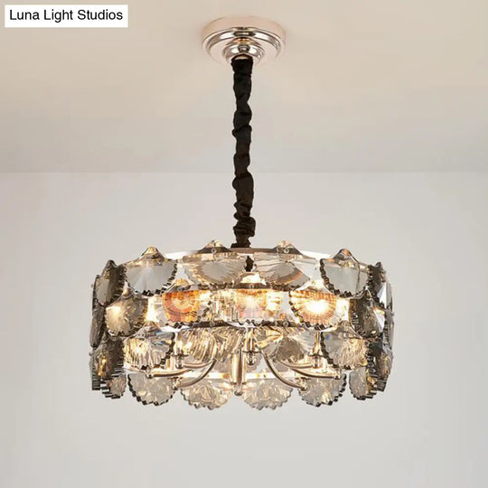 Modern Gray Crystal Block Drum Ceiling Chandelier - 6 Bulb Gold Pendant Lamp