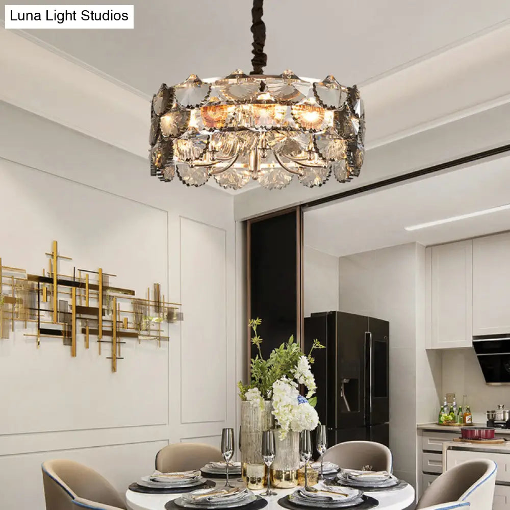 Modern Gray Crystal Block Drum Ceiling Chandelier - 6 Bulb Gold Pendant Lamp