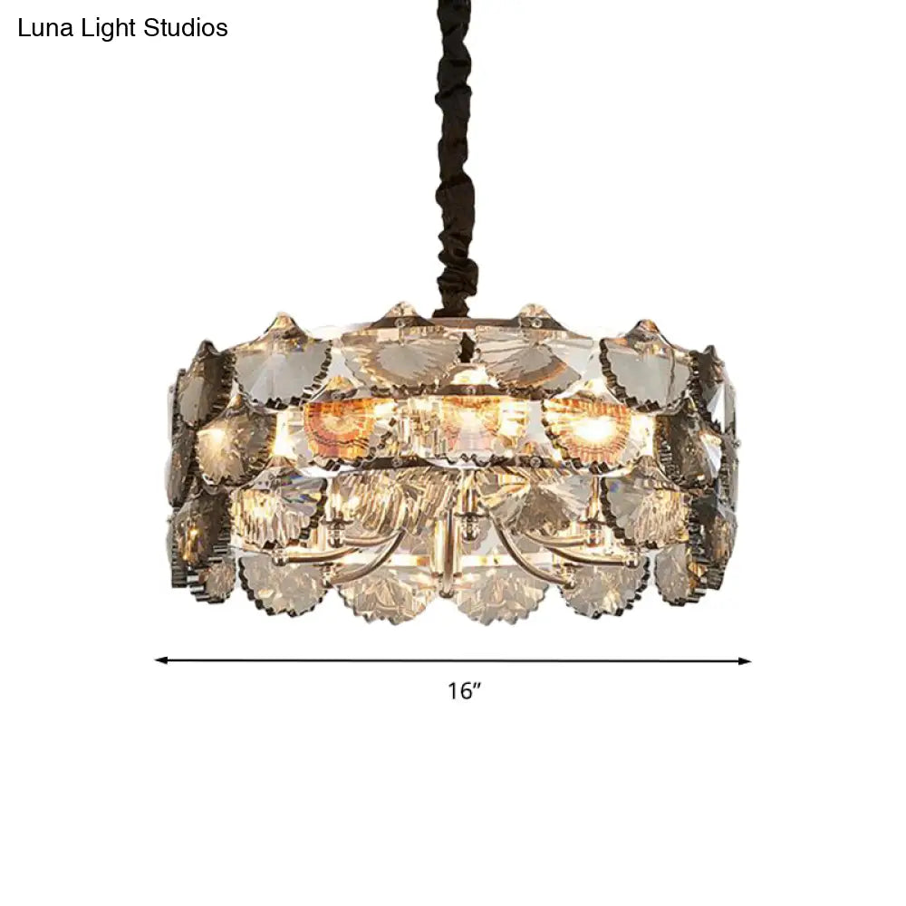 Modern Gray Crystal Block Drum Ceiling Chandelier - 6 Bulb Gold Pendant Lamp