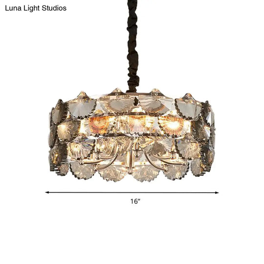 Modernist Gray Crystal Block Drum Ceiling Chandelier 6 Bulb Kitchen Pendant Lamp In Gold