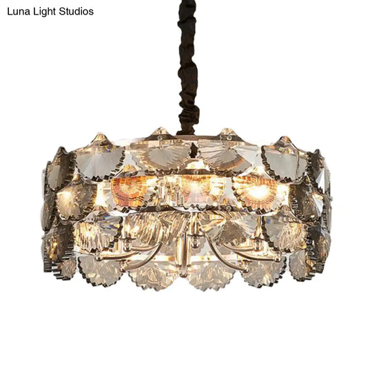 Modern Gray Crystal Block Drum Ceiling Chandelier - 6 Bulb Gold Pendant Lamp