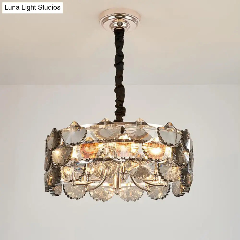 Modernist Gray Crystal Block Drum Ceiling Chandelier 6 Bulb Kitchen Pendant Lamp In Gold