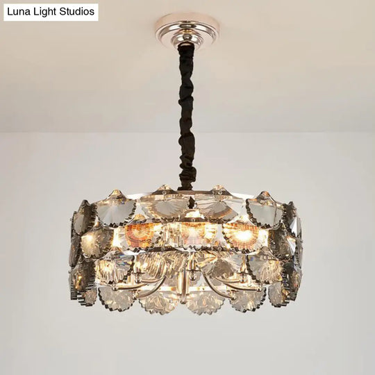 Modernist Gray Crystal Block Drum Ceiling Chandelier 6 Bulb Kitchen Pendant Lamp In Gold