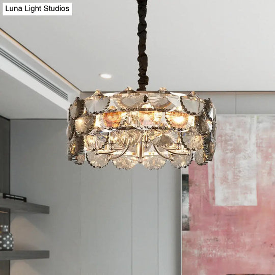 Modernist Gray Crystal Block Drum Ceiling Chandelier 6 Bulb Kitchen Pendant Lamp In Gold