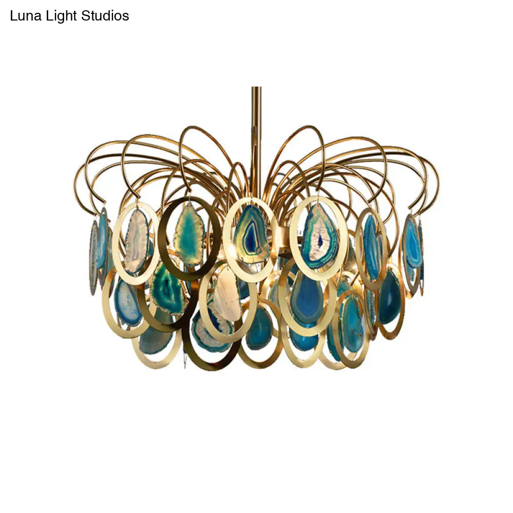 Modern Peacock Feather Chandelier With Agates - 5-Head Iron Pendant Light