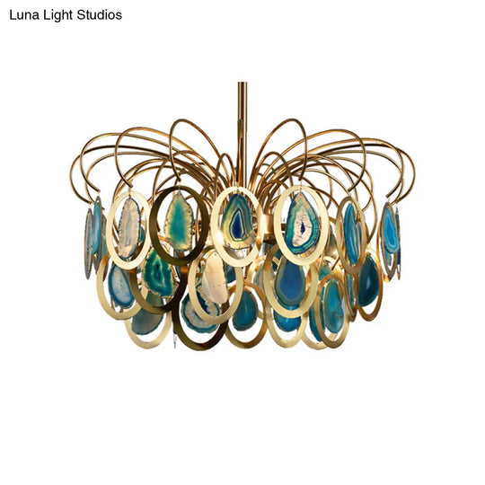 Modern Peacock Feather Chandelier With Agates - 5-Head Iron Pendant Light